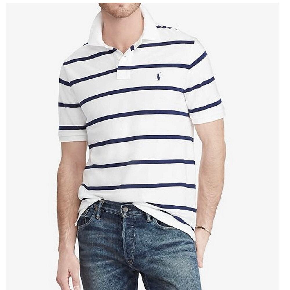 Polo Ralph Lauren Men's L White Navy Striped Classic Fit Cotton Polo
